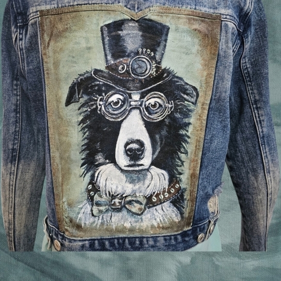Buffalo David Bitton Jackets & Blazers - Steampunk Collie Dog, Hand Painted on Buffalo Distressed Jean Jacket, Medium
